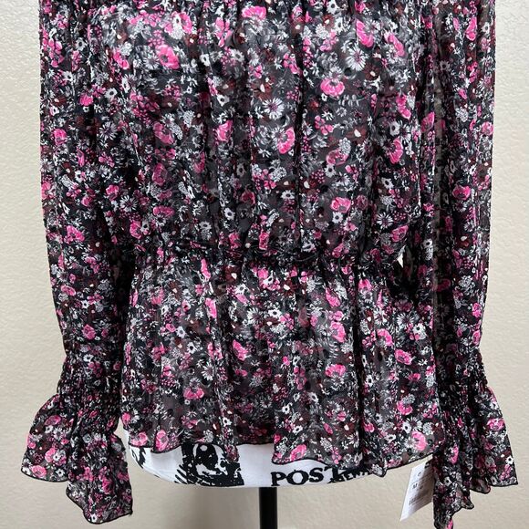 Zara black blouse Floral print Long sleeve peplum top boho romantic size M - Picture 6 of 13